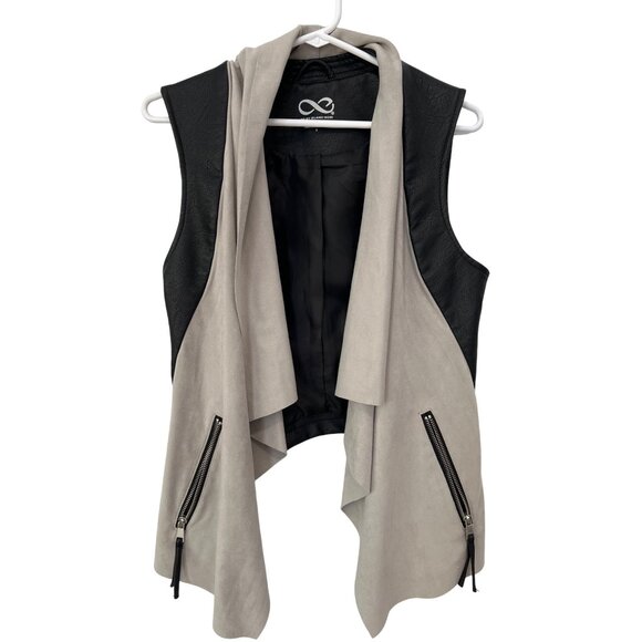 Blanc Noir Faux Leather Cardigan Vest Womens Small Zip Pockets Black Beige Moto - Picture 1 of 7